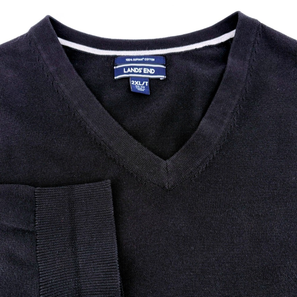 Lands End Mens 2XL/T Black Supima Cotton V-Neck Sweater Tall Fit Long Sleeve